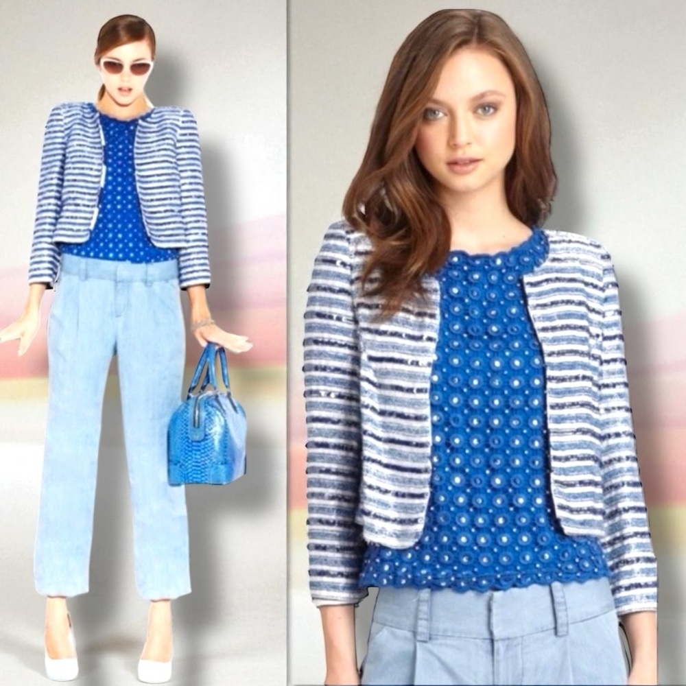 Alice + Olivia Blue Striped Beaded Sequin Embellished Jacket Blazer Size Medium!